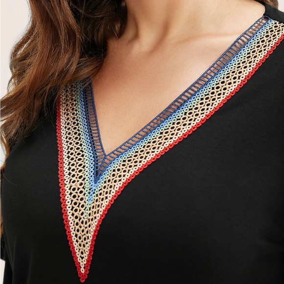 Bloomchic 1X Solid Crochet Lace Ruffle Tiered Sleeve V Neck T-shirt NWT - Picture 14 of 14